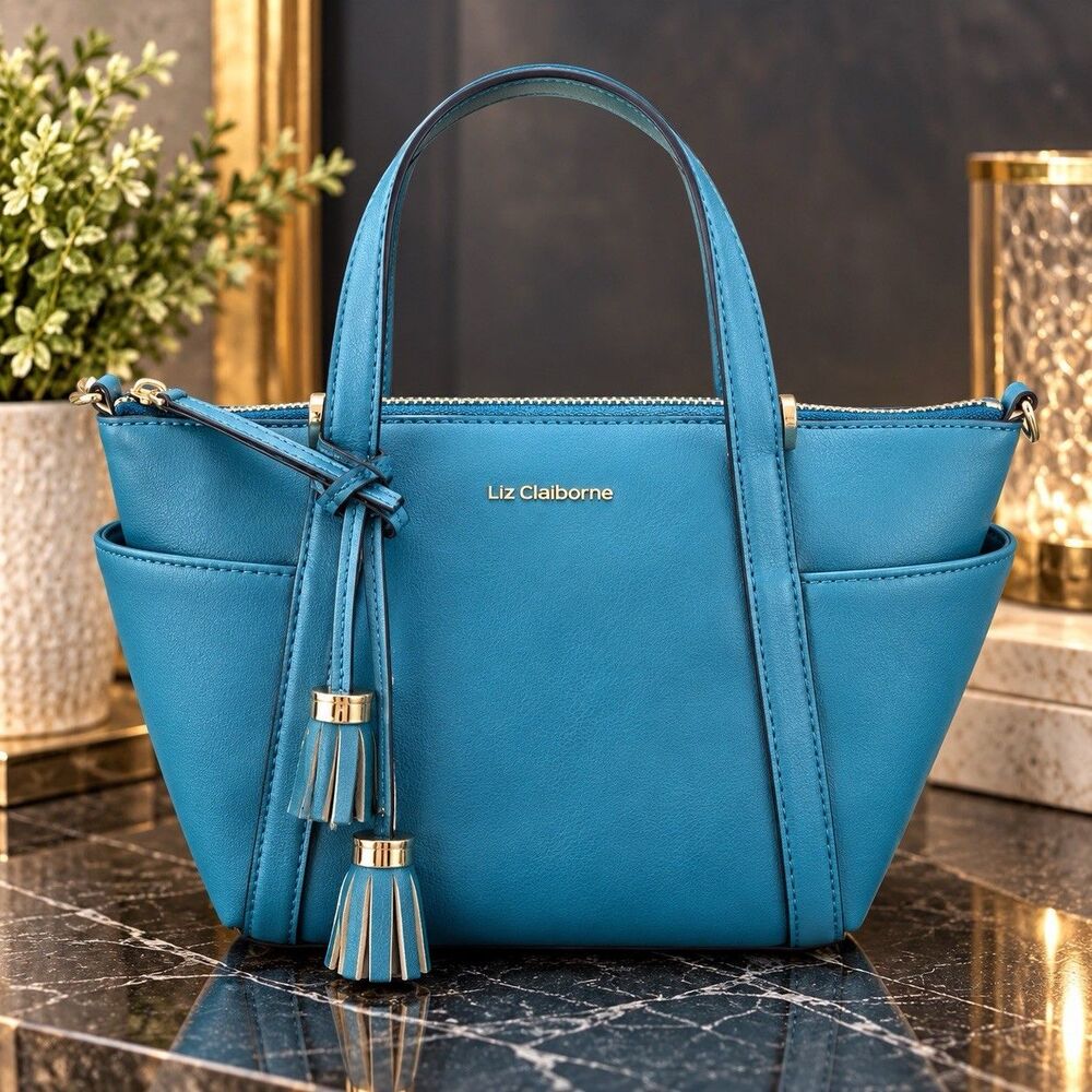 Liz Claiborne Lona Mini Tote In Dark Turquoise Bag W/Tassel No Crossbody Strap